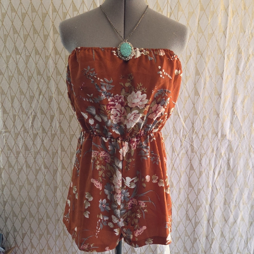 Floral Strapless Rust Tube Top Romper